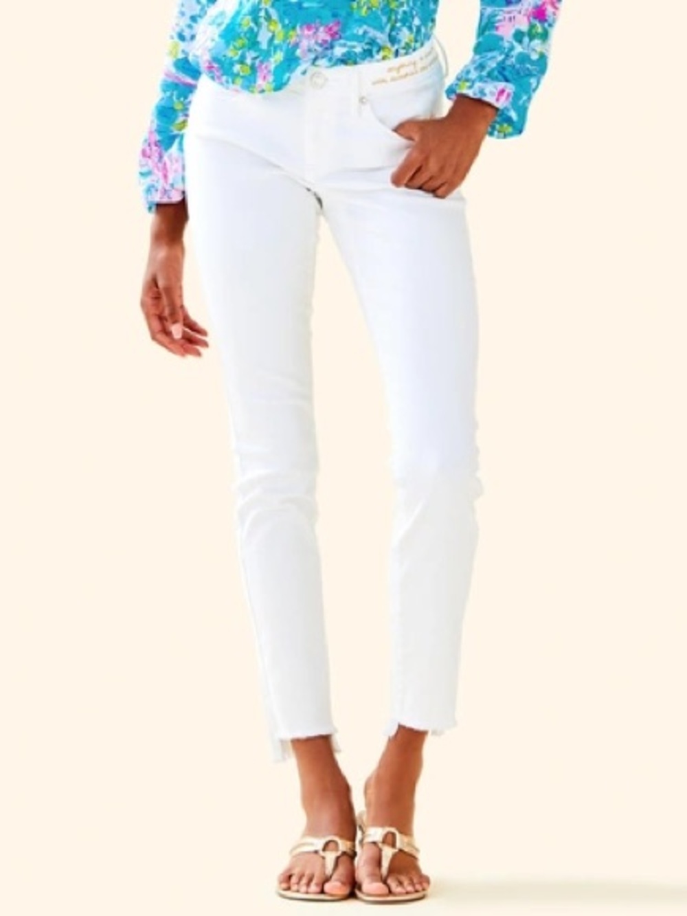 Lilly Pulitzer 28” South Ocean Crop Skinny Jean Gold Embroidery Size 00 White
